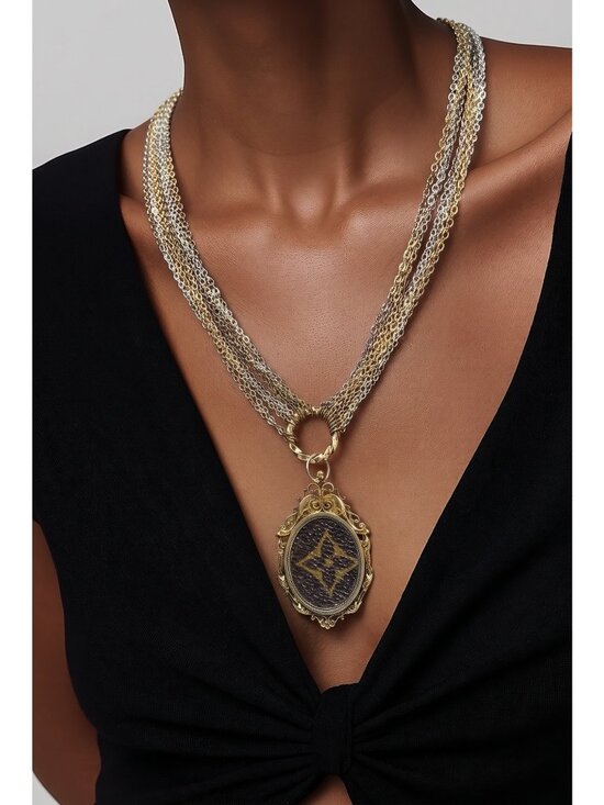 Hand Crafted Jewelry - Vintage Luxury Canvas Pendant Necklace | Ornate Gold Frame | Layered Mixed Metal